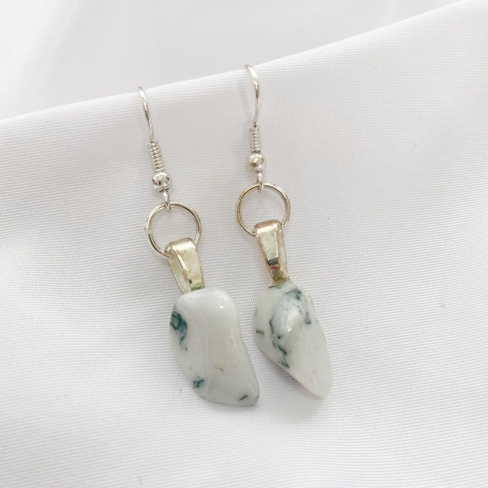 Handmade White Green Marbled Stone Earrings with Silver Tone Hardware